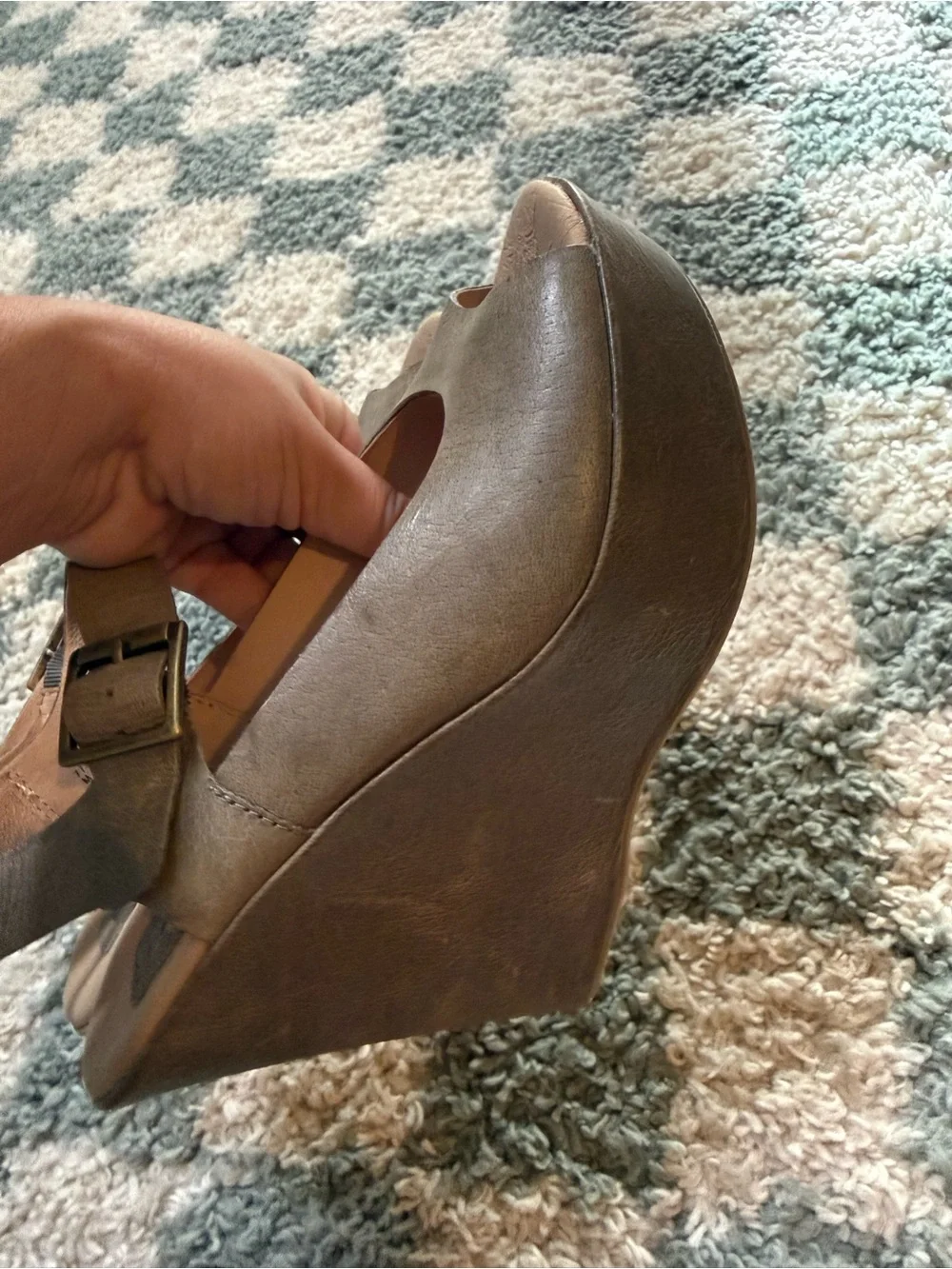 Kork-Ease Taupe Tan Wedge Peep Toe Sandals Ankle Buckle Strap Summer Leather 7